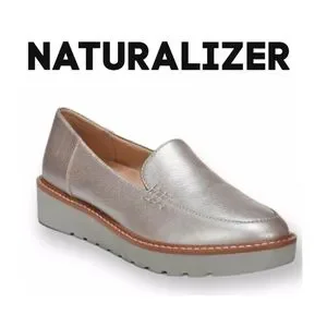 Naturalizer Andie Leather Metallic Silver Slipon Platform Comfort